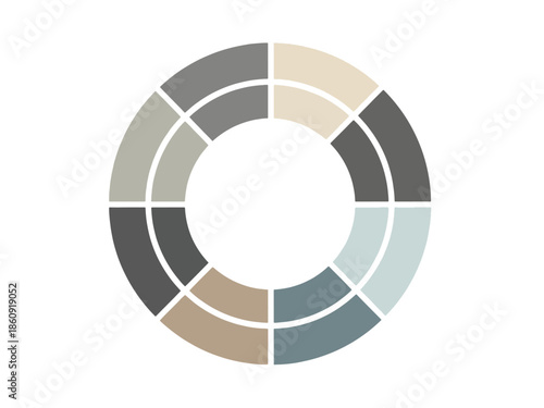 An abstract circular design featuring two concentric rings, each divided into segments with a muted color palette of grey, beige, brown, and blue.