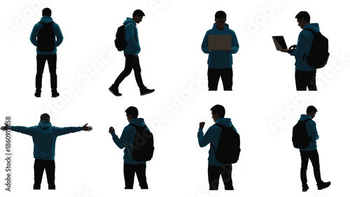 Set of Male Student Silhouettes Wearing Blue Hoodie and Backpack Carrying Laptop Walking Standing and Gesturing on Isolated White Background (Exactly 20 words)