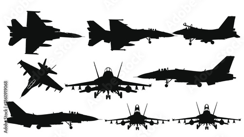 Set of Military Fighter Jet Silhouettes Showing Various Combat Aircraft from Different Angles Including Top Side and Front Views Isolated (Exactly 20 words)