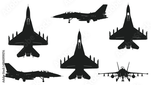 Set of Modern Military Fighter Jet Silhouettes Showing Various Angles Including Top Side and Front Views Isolated on White Background (Exactly 20 words)
