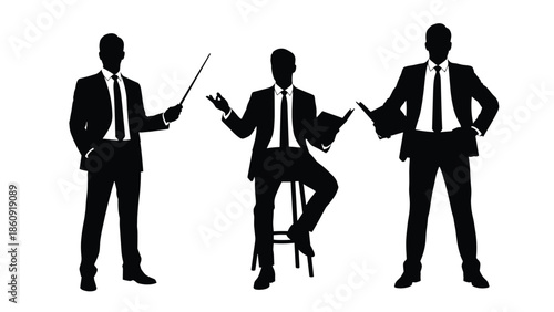 Set of Professional Businessman Silhouettes Wearing Suits Presenting Teaching and Gesturing while Holding Folders Isolated on a Solid White Background (Exactly 20 words)
