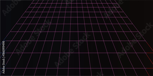 Retro futuristic glowing grid pattern on a dark background, receding perspective, digital art.