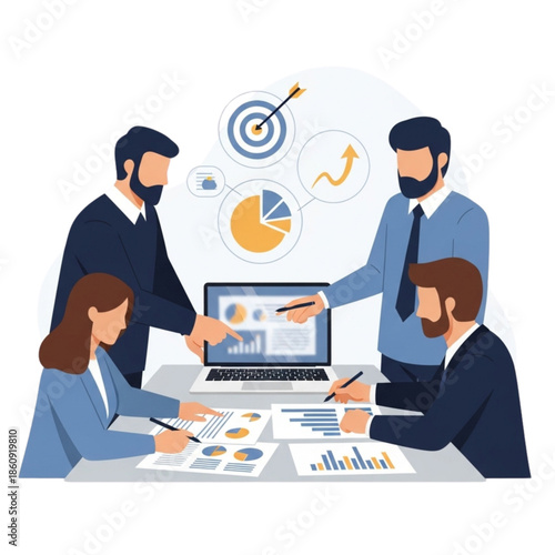 Diverse business team collaboratively analyzing charts graphs and data projections displayed on a laptop during a serious strategic planning meeting for future growth initiatives