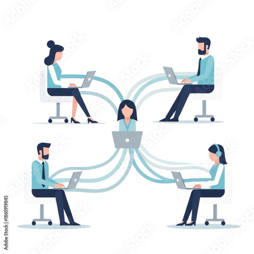 A central manager connecting and coordinating a diverse team of four remote employees working simultaneously on individual laptop computers representing digital collaboration across distance