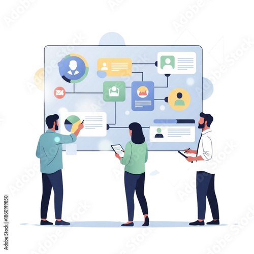Three diverse business professionals collaborating closely around a large digital interface displaying complex data visualization and organizational charting for strategic planning sessions