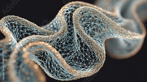 Abstract Golden Wireframe Structure with Blue Light Particles and Dark Background