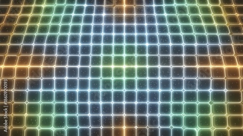 Abstract Grid Background with Neon Lights and Particles in Blue Green Yellow Orange