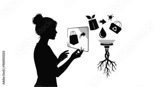 Woman interacting with digital interface for sustainable shopping and resource management.