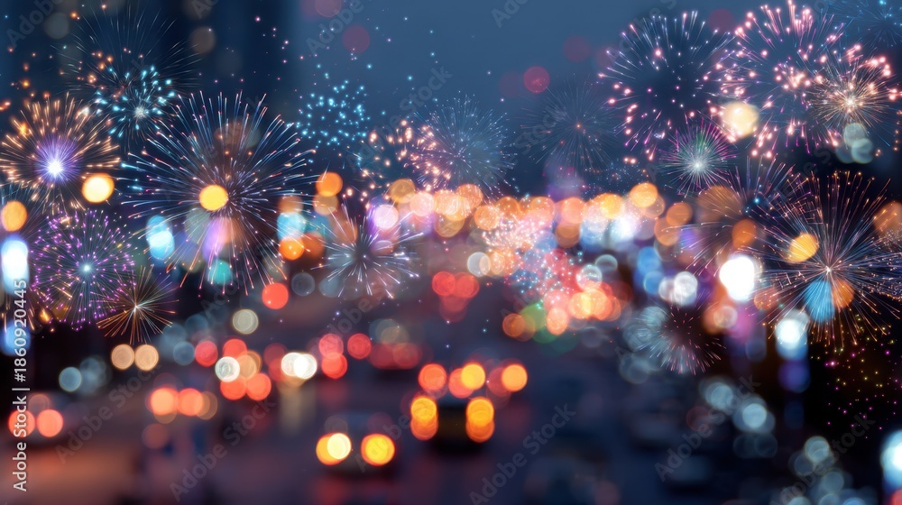 Obraz premium Fireworks burst in the night sky above a city street filled with cars. Bright lights shine from buildings as people gather to enjoy the festive atmosphere.