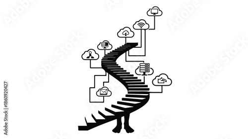 Digital transformation journey symbolized by a winding staircase connecting to cloud services.