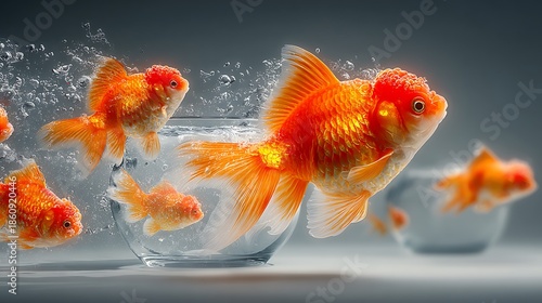 Goldfish Leaping Out of Glass Bowls with Water Splashes jumping