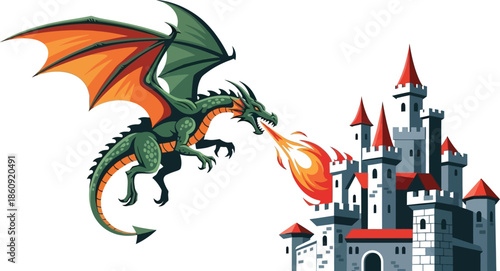 Ferocious green dragon with orange wings aggressively breathing intense fire toward a tall stone medieval castle with red pointed roofs