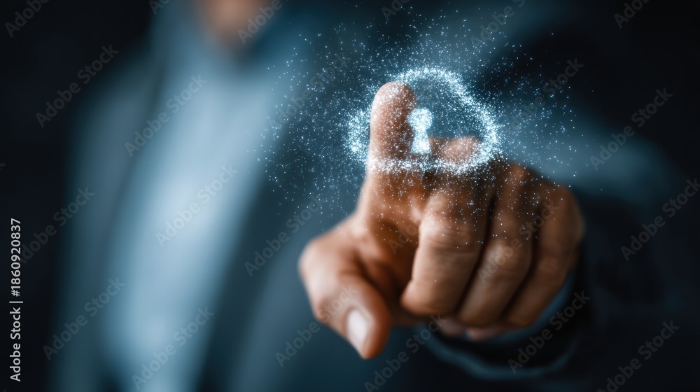 Obraz premium A hand points towards a digital cloud security icon, illustrating the concept of online protection.