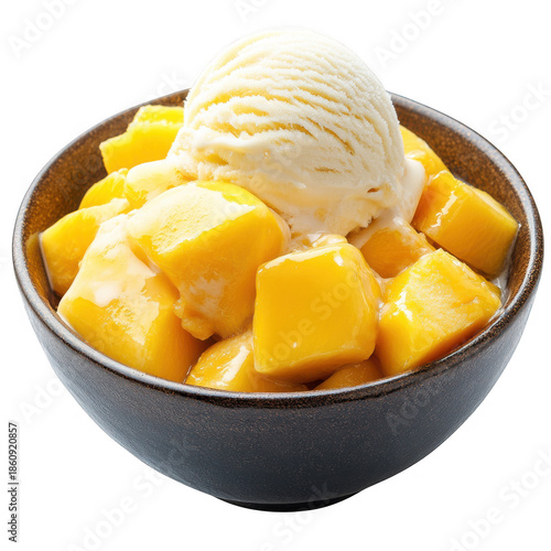 Delicious mango dessert with vanilla ice cream in a bowl isolated on transparent background