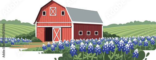 Charming illustration of a classic bright red barn standing proudly amidst a vibrant spring field densely populated with beautiful blue lupine wildflowers