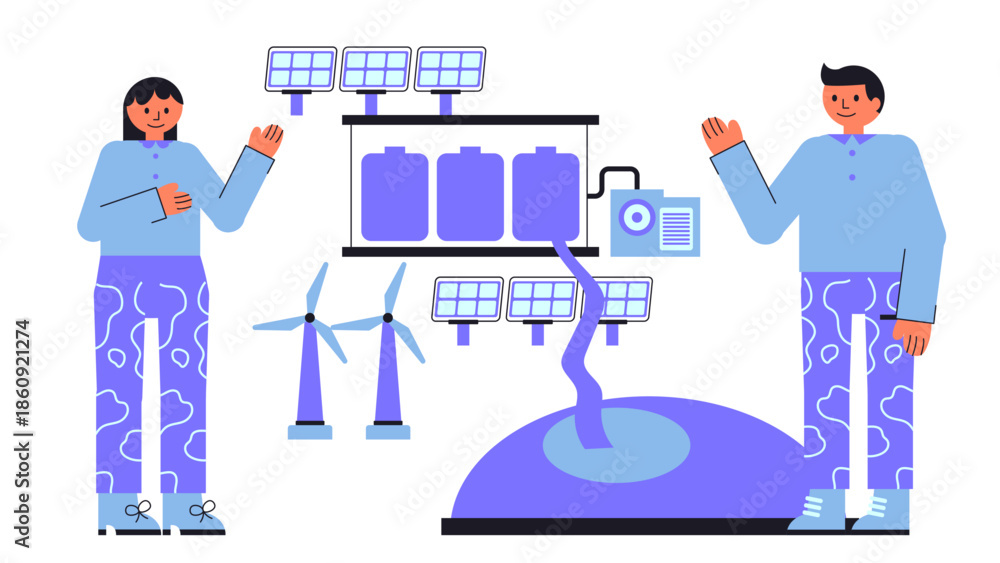 Fototapeta premium Flat vector illustration of a redox flow battery supporting a community microgrid