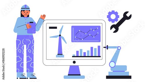 Flat vector illustration of a digital twin system enabling predictive maintenance for wind farms