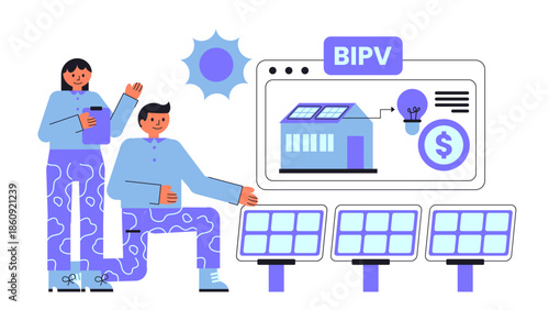 Flat vector illustration of building integrated photovoltaic roof tiles generating renewable solar energy