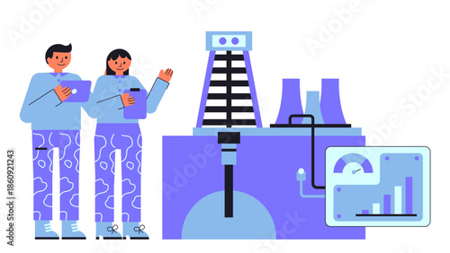 Flat vector illustration of a supercritical geothermal energy deep drilling project