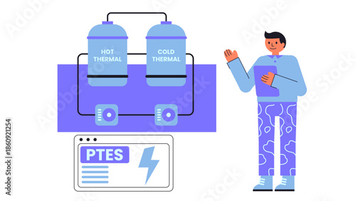 Flat vector illustration of a pumped thermal electricity storage system for grid energy management