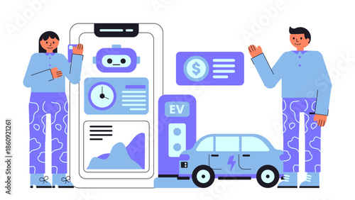 Flat vector illustration of AI powered dynamic pricing for home electric vehicle charging