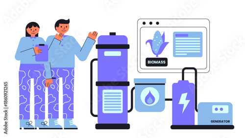 Flat vector illustration of biomass gasification producing syngas for renewable energy