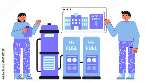 Flat vector illustration of hydrogen fuel cell providing backup power for a hospital