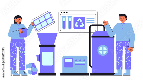 Flat vector illustration of chemical recycling of end of life solar panel glass