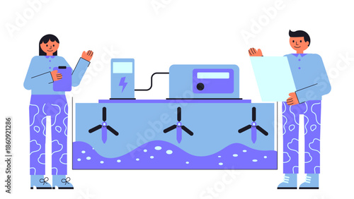 Flat vector illustration of in stream hydrokinetic turbines generating power in a river