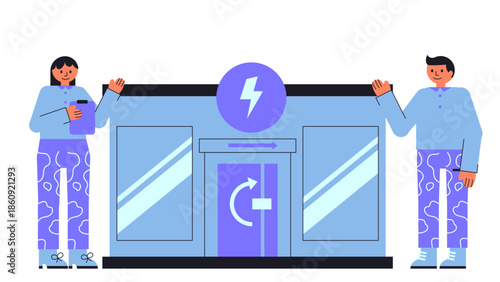 Flat vector illustration of an energy generating revolving door in an office lobby