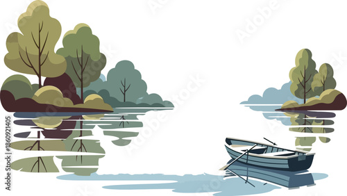 Serene minimalist illustration of a small rowboat gently floating upon calm lake waters surrounded by lush stylized trees and gentle reflections