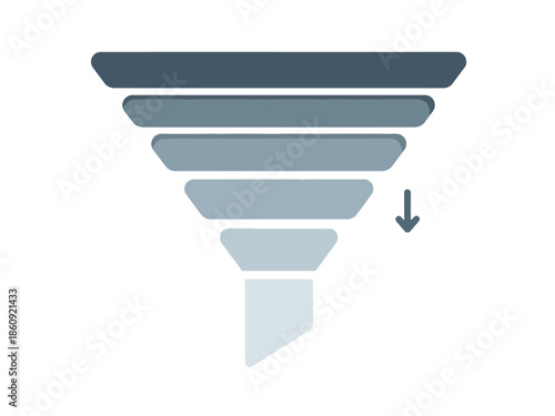 A multi-layered funnel icon with a downward arrow, representing data filtering or a sales process.