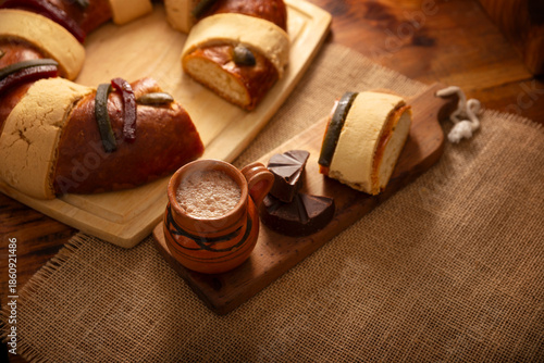 Rosca de Reyes, also called Three Kings Bread, Roscon, Epiphany Cake, traditionally served with hot chocolate in a clay Jarrito. Mexican tradition on January 5th.