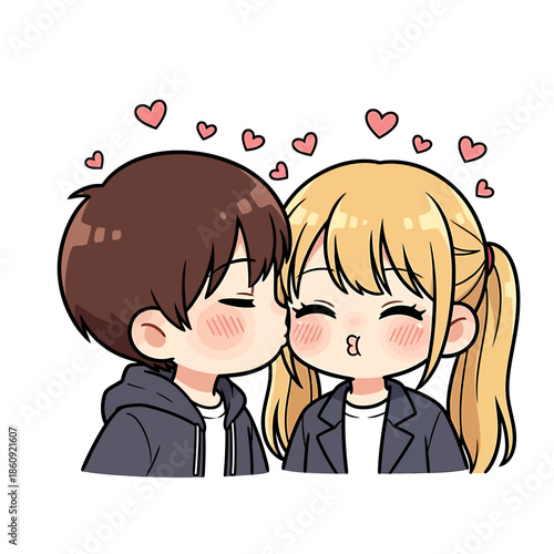 Cute cartoon couple sharing a sweet kiss on the cheek with floating hearts.