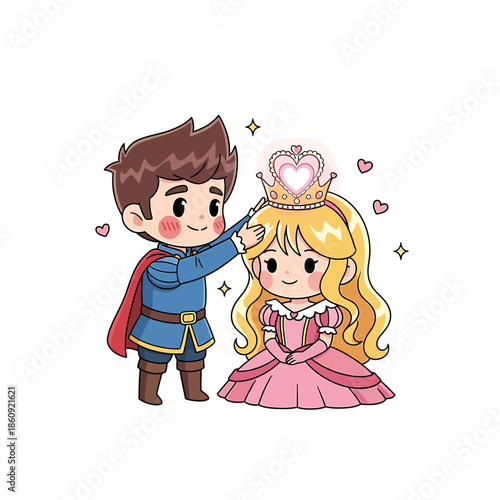 Prince crowning princess with love, a fairy tale moment, cartoon illustration, hearts and sparkles surround the royal couple