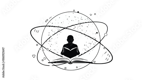Silhouette of a person reading an open book within an atomic orbit, symbolizing knowledge and discovery.