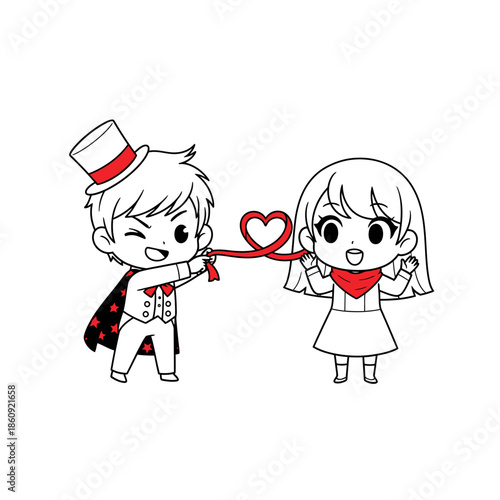 Cartoon boy in top hat and cape holding heart-shaped lasso around cartoon girl, illustration, Valentine's scene, love gesture, digital art