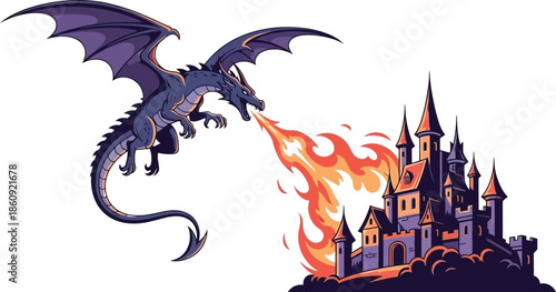 Ferocious purple dragon unleashes a massive torrent of bright orange fire against a medieval fantasy castle illustration isolated on white