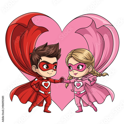 Cute cartoon superhero boy and girl holding hands in front of a big pink heart, symbolizing love and friendship.