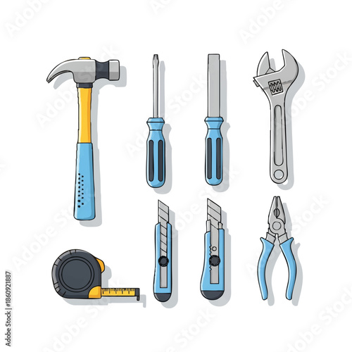 A set of colorful cartoon tools including a hammer, screwdrivers, wrench, tape measure, pliers, and utility knife on a clean white background.