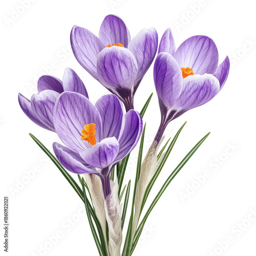 Beautiful purple crocuses with delicate petals and orange centers isolated on transparent background