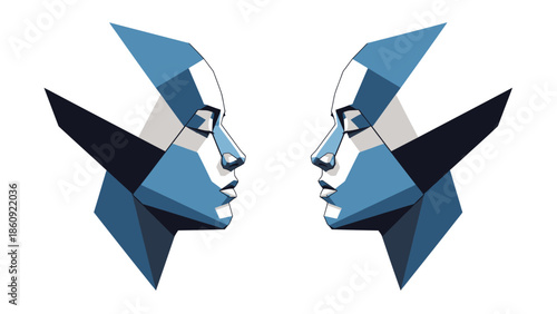 Striking polygonal artistic representation of two mirrored abstract human profiles facing each other symbolizing communication or duality in stark contrast.