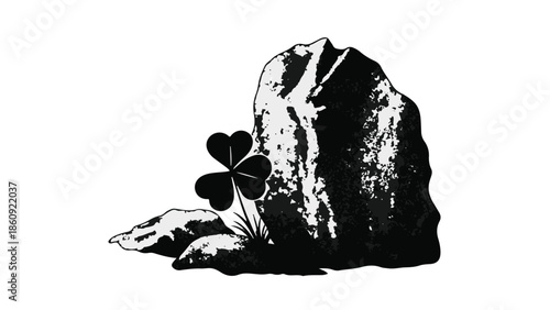 A delicate shamrock grows beside a rugged stone, symbolizing hope and resilience.