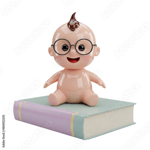 Adorable 3d rendered baby character wearing large round black eyeglasses sitting happily atop a thick pastel colored hardcover book isolated on black background representing early childhood learning