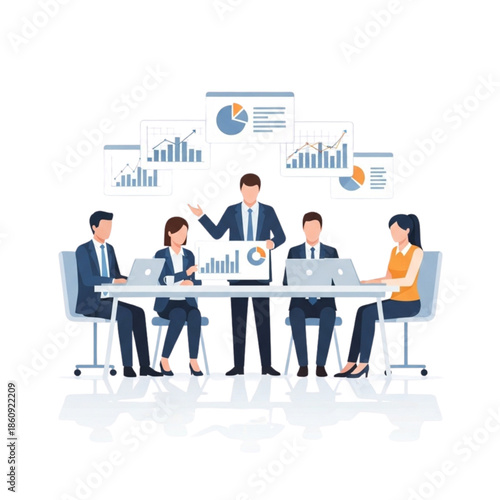 Business professional leading a focused team meeting showcasing various financial data charts and graphs while presenting key performance indicators to seated colleagues using a modern digital display