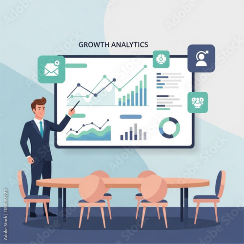 Professional businessman confidently presenting complex growth analytics data and financial projections on a large digital screen during a modern corporate meeting in a stylish office setting