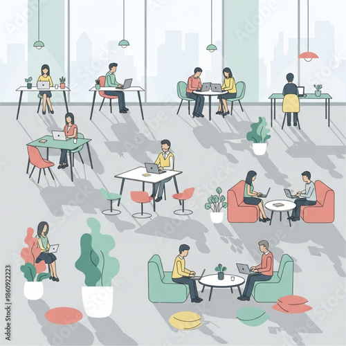 Diverse group of professionals working remotely or collaboratively using laptop computers in a modern open office space featuring various seating arrangements and natural light.