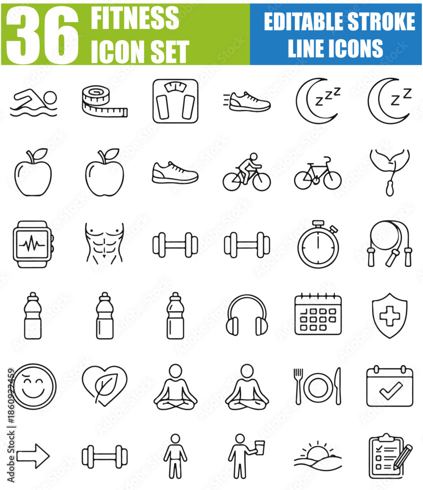 Fototapeta premium Fitness and Wellness Line Icons Set, Editable Stroke Vector Illustration of Health, Exercise, Workout, Gym, Dumbbell, Running, Diet, Strength and Physical Activity