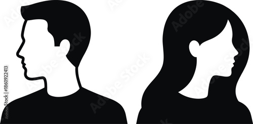 Silhouette profiles of male and female heads facing opposite directions, symbolizing gender contrast, identity, and psychological perspective in design.
