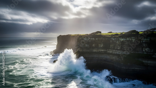 Powerful Ocean Waves Crashing Against a Dramatic Sea Cliff Under a Cloudy and Atmospheric Sky